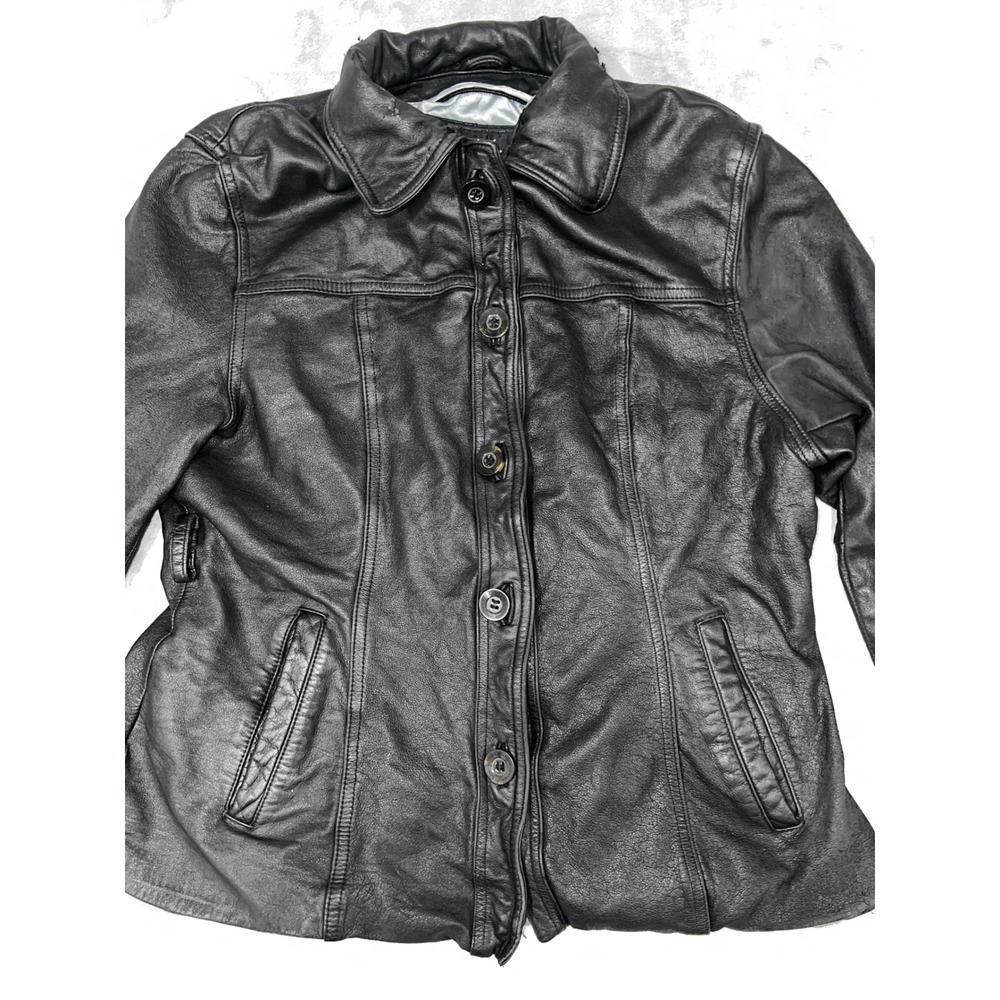 Wilsons Leather Black Button Up Jacket Womens Large Collared Outerwear